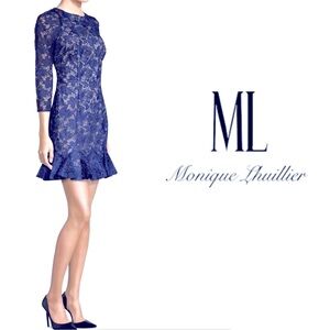 ML Monique Lhuillier Lace Long Sleeve Ruffled Dress Size 6 Navy Blue NWT